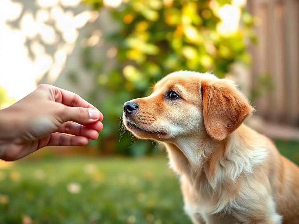 A golden retriever puppy looking up toward its owner during a backyard training moment.